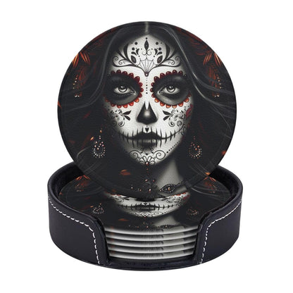 Sugar Skull Coasters with Holder Leather Coasters for Drinks Set of 6 Funny Halloween Drink Coasters Sets for Living Room Kitchen Coffee Bar Holiday Decor