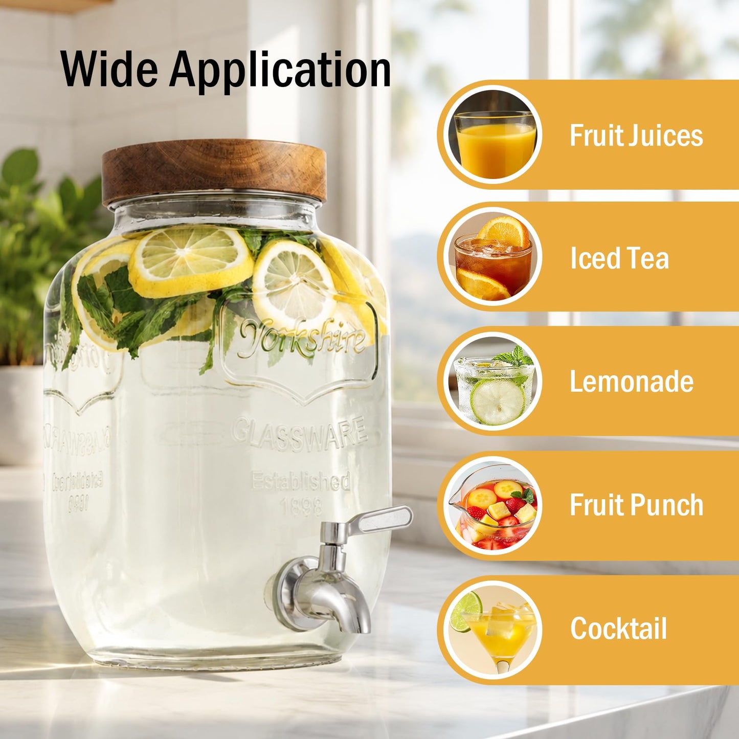 Mustry Glass Drink Dispenser for Parties, 1 Gallon Beverage Dispenser with Spigot Solid Stainless Steel, Used as Lemonade Dispenser Sun Tea Jar Kombucha Jar