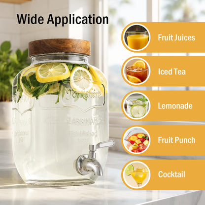 Mustry Glass Drink Dispenser for Parties, 1 Gallon Beverage Dispenser with Spigot Solid Stainless Steel, Used as Lemonade Dispenser Sun Tea Jar Kombucha Jar