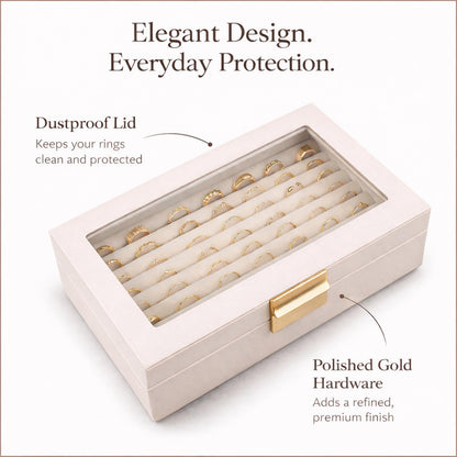 Ring and Earring Jewelry Display Box – Holds Up to 80 Rings, Faux Leather Jewelry Box with Velvet Interior and Clear Viewing Lid for Ring Organizer and Display