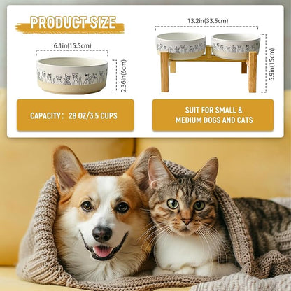 Elevated Ceramic Cat Bowls with Wooden Stand，6.1inch Raised Cat Bowls with Cute Pattern for Small and Medium Breed Dogs,2 Pack Cats Food and Water Bowl Set,Weighted Pet Dishes Dishwasher Safe