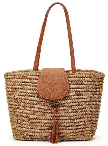 Summer Hand-woven Straw Shoulder Bags for Women Large Woven Beach Tote Purse Vacation Top Handle Handbags with Tassel