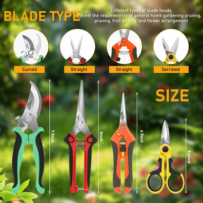 4-Pack Multifunctional Garden Scissors Set-BIDMLI Stainless Steel Pruning &Floral Shears with One-Piece Handle Blades for Tree Pruning, Flower Trimming, and Fruit Picking Tasks at Home&Garden Tool.