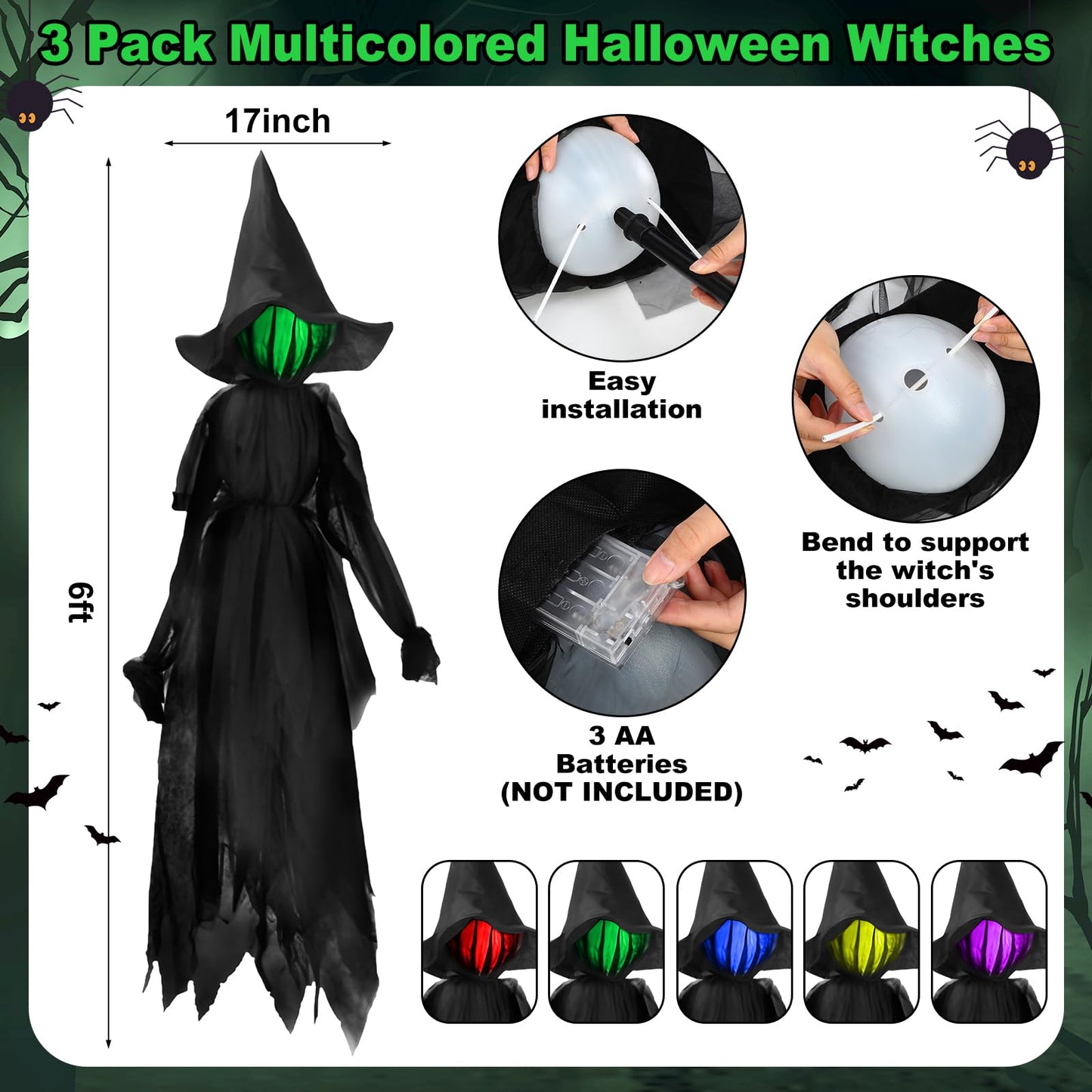 MiniInflat 6 Pack Halloween Decorations Outdoor Included Large Witches Cauldron on Tripod with String Light Eyeball and Skeleton 3 Pcs 6 ft Lighted Witch Stakes 2 Pcs Solar Eyeball Light for Yard Lawn