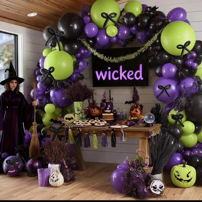 Black Purple Balloon Garland Arch Kit, Double Stuffed Purple Black Balloons Lime Green Lavender Balloon Arch for Wedding Birthday Baby Shower Gothic Wednesday Party Decorations
