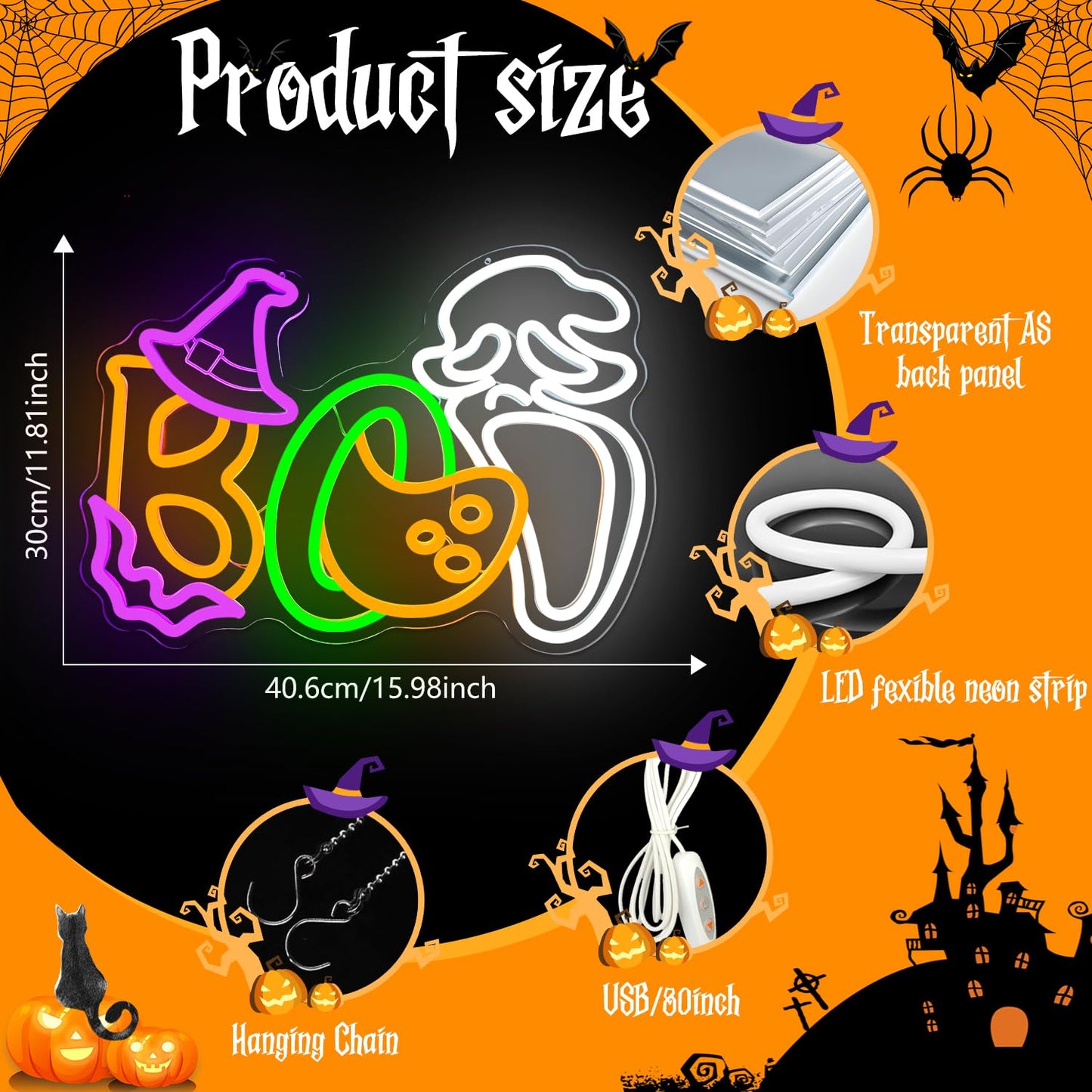 Halloween Boo Neon Sign for Wall Decor Ghost Face Led Sign Animated Looks Like The Ghost Was Eaten Bat Witch Hat Ghost Neon Light Up Sign for Window Bar Horror Halloween Party Man Cave Game Room