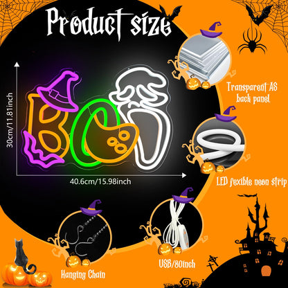 Halloween Boo Neon Sign for Wall Decor Ghost Face Led Sign Animated Looks Like The Ghost Was Eaten Bat Witch Hat Ghost Neon Light Up Sign for Window Bar Horror Halloween Party Man Cave Game Room