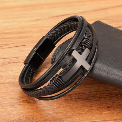 Binatric Multi-Layer Braided Leather Bracelets with Magnetic Clasp Mens Cuff Bracelets for Men Genuine Leather Bracelet Religious Leather Bracelets decorate Gift ((Black, 7.5 Inches))