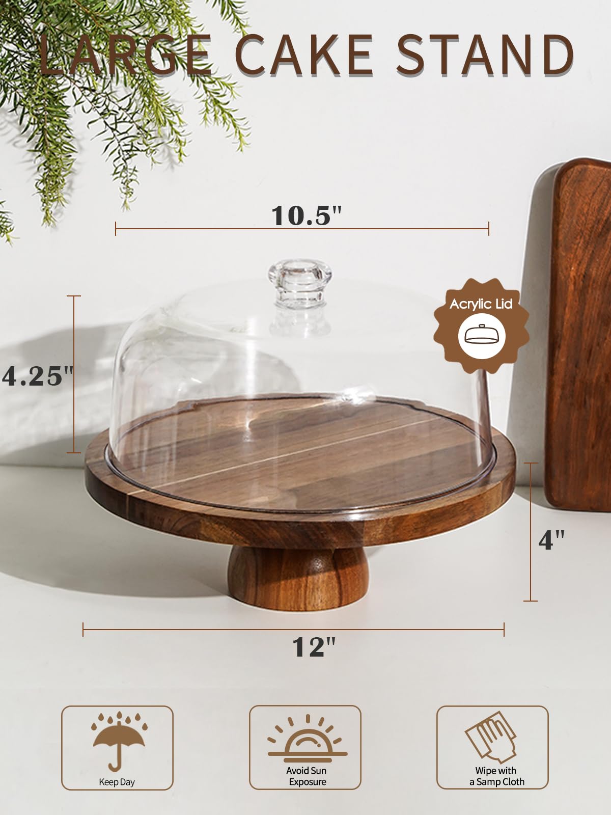 Kanwone Acacia Wood Cake Stand with Acrylic Lid - 12in Cake Plate, Multi-Functional Dessert Table Display Set, Charcuterie Board, Cake Holder with Dome, Detachable Design