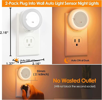 FOLKSMATE LED Night Lights Plug into Wall, Dimmable Plug in Nightlight with Auto Light Sensors for Adults, Kids Room, Bedroom, Bathroom, Hallway, Kitchen, Stairs, Amber White, 2-Pack