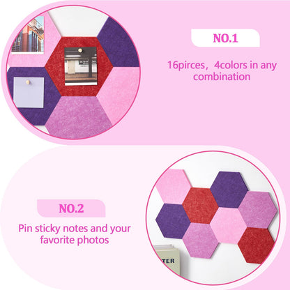 Mindsoft 16 Pcs Hexagon Cork Board for Walls with 50 Wooden Push Pins 6.7 x 5.9 in Felt DIY Tiles Notice with Nano Tape Hanging Bulletin Board for Home Photo Office Memo Note (Gradual Purple)