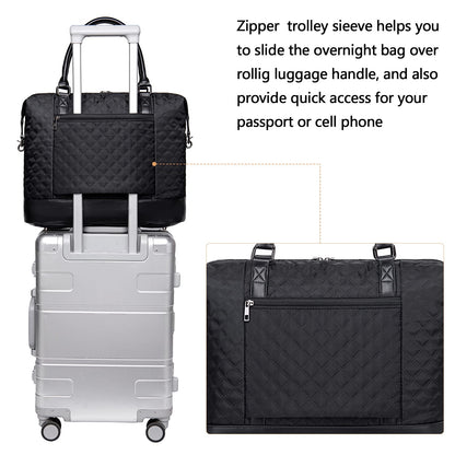 Women Ladies Weekender Carry-on Tote Bag Overnight Duffel in Trolley Handle (Quilted black)