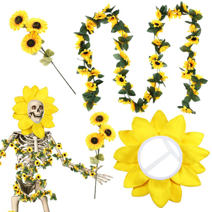 Hollowfly 3 Pcs 12 ft Skeleton Clothes Accessories Set Including Yellow Sunflower Head Wrap Garland and Bouquets of Sunflower Flowers for Spring Skeleton Costume Summer Outfit Dress Decor