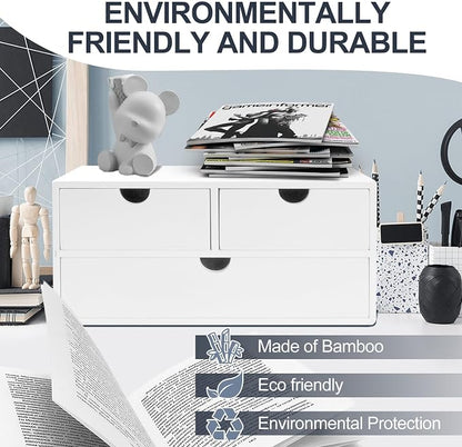 Charmewooden desk organizer with drawers countertop drawer organizer Tabletop Storage Organization Box Home Office Workspace Bathroom Toiletries Supplies (white)