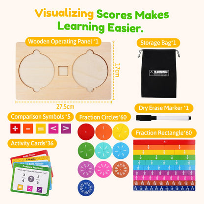 Fraction Manipulatives for Kids, Wooden Fraction Tiles, Fraction Circles & Fraction Bars, Montessori Math Manipulatives with 36 Activity Cards, Compare Fractions, Addition & Subtraction, Grade 1-4