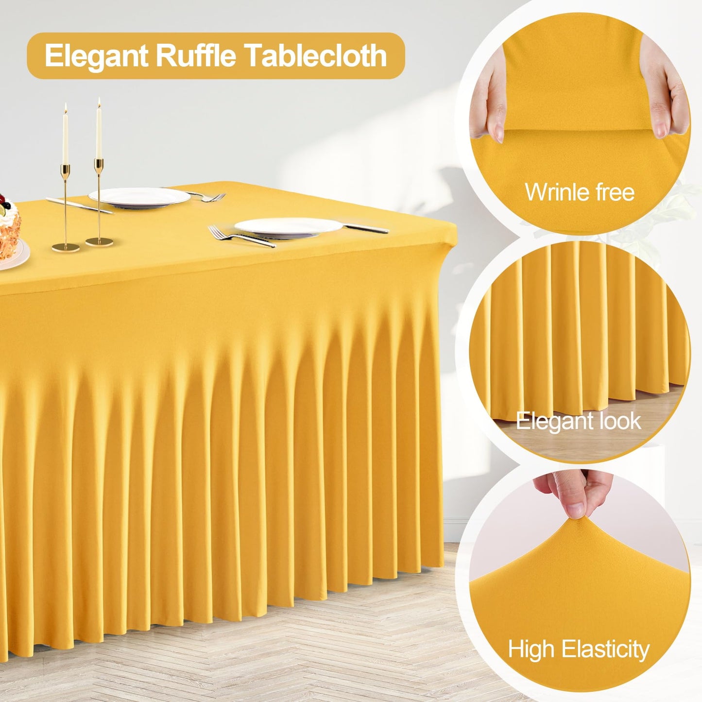 PARTISKY Golden Spandex Tablecloth for 6ft Rectangle Tables, Stretchable Table Cover Skirt for Folding Tables Weddings Parties Banquets Events Trade Shows and Dessert Table