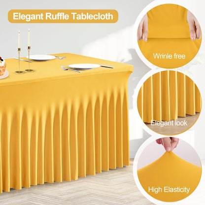 PARTISKY Golden Spandex Tablecloth for 6ft Rectangle Tables, Stretchable Table Cover Skirt for Folding Tables Weddings Parties Banquets Events Trade Shows and Dessert Table