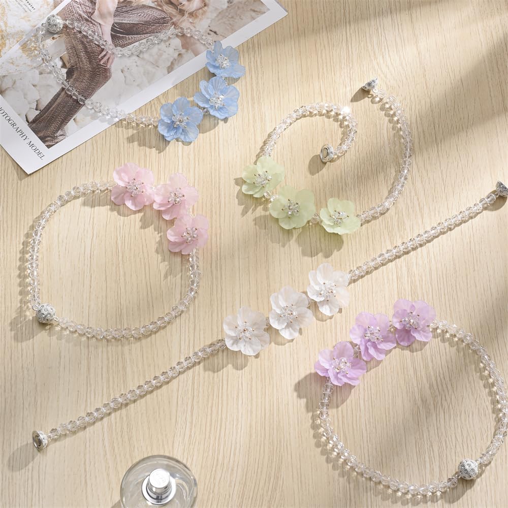SUQ I OME 2 Pack Crystal Beaded Magnetic Curtain Tieback with 3 Pieces of Flora, Curtain Clips Buckle Curtain Holder Blingbling Curtain Holdbacks(White)