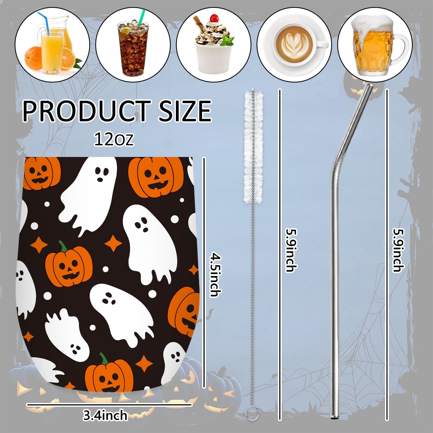 Whaline Halloween Stainless Steel Wine Tumbler with Straw and Lid Ghost Pumpkin Coffee Mug Black White Orange Insulated Tumbler for Hot and Cold Drinks
