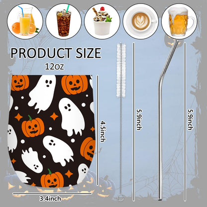 Whaline Halloween Stainless Steel Wine Tumbler with Straw and Lid Ghost Pumpkin Coffee Mug Black White Orange Insulated Tumbler for Hot and Cold Drinks