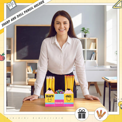 Eaasty Pencil Shaped and Sharp Dull Holder Eraser Wooden Dispenser Pencil Storage 3 Compartments for Back to School Teachers Classroom Organization(1 Pack,Yellow Face)