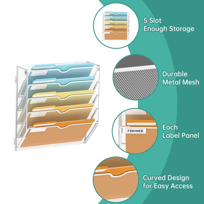 SUPEASY 5 Tier Wall File Organizer, Hanging Wall Mounted Mail Organizer with Label Slots, Metal Mesh File Holder Magazine Rack for Office, Home, School or Classroom, White
