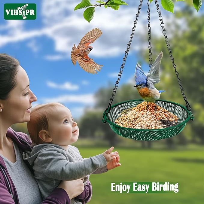 Hanging Bird Feeder for Outdoors – 9 in Metal Mesh Bird Feeder Tray Platform for Small Wild Birds, Green
