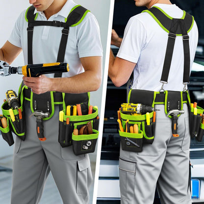 Tool Belt, Professional Tool Belts for Men, Magnetic Tool Pouch With Suspenders, Heavy Duty Detachable Adjustable Utility Belt Work Bags for Electrician, Carpenter (Black and Green, 32"-66")