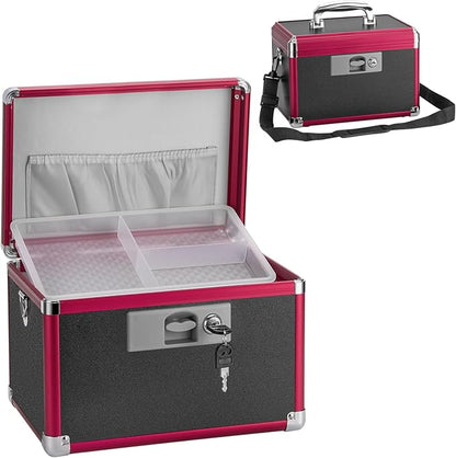 Medicine Lock Box for Safe Medication - 15 x 8.7 x 9.4 Inches - Lockable Storage Box for Drugs, First Aid Kit Empty, Lock Boxes with Key for Home/Outdoor (Black & Red/X-Large)