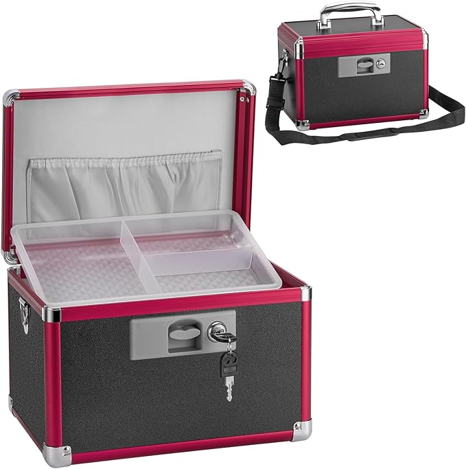GODLONSEN Medicine Lock Box for Safe Medication - 11.2 x 7.6 x 7.6 Inches - Lockable Storage Box for Drugs, First Aid Kit Empty, Lock Boxes with Key for Home/Outdoor (Black & Red/Medium)