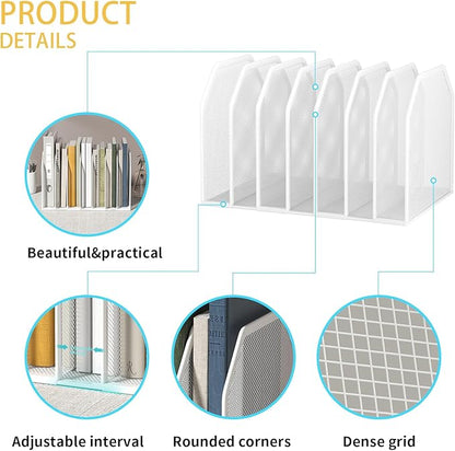FANXIYQ Metal 7 Section File Folder Organizer for Desk | Vertical Office File Holder | Heavy-Duty Mesh Document Sorter for Books, Binders, Laptops | Desk Organizer,7 Sections White