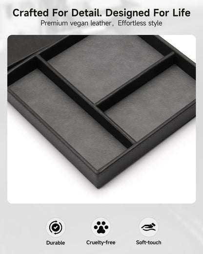 Valet Tray, Built in Wireless Charging Pad, Nightstand Organizer, Two-Toned Premium Vegan Leather Desk Bedside Caddy Organizer Tray for Keys, Watch, Wallet, Jewelry (Black+Gray)