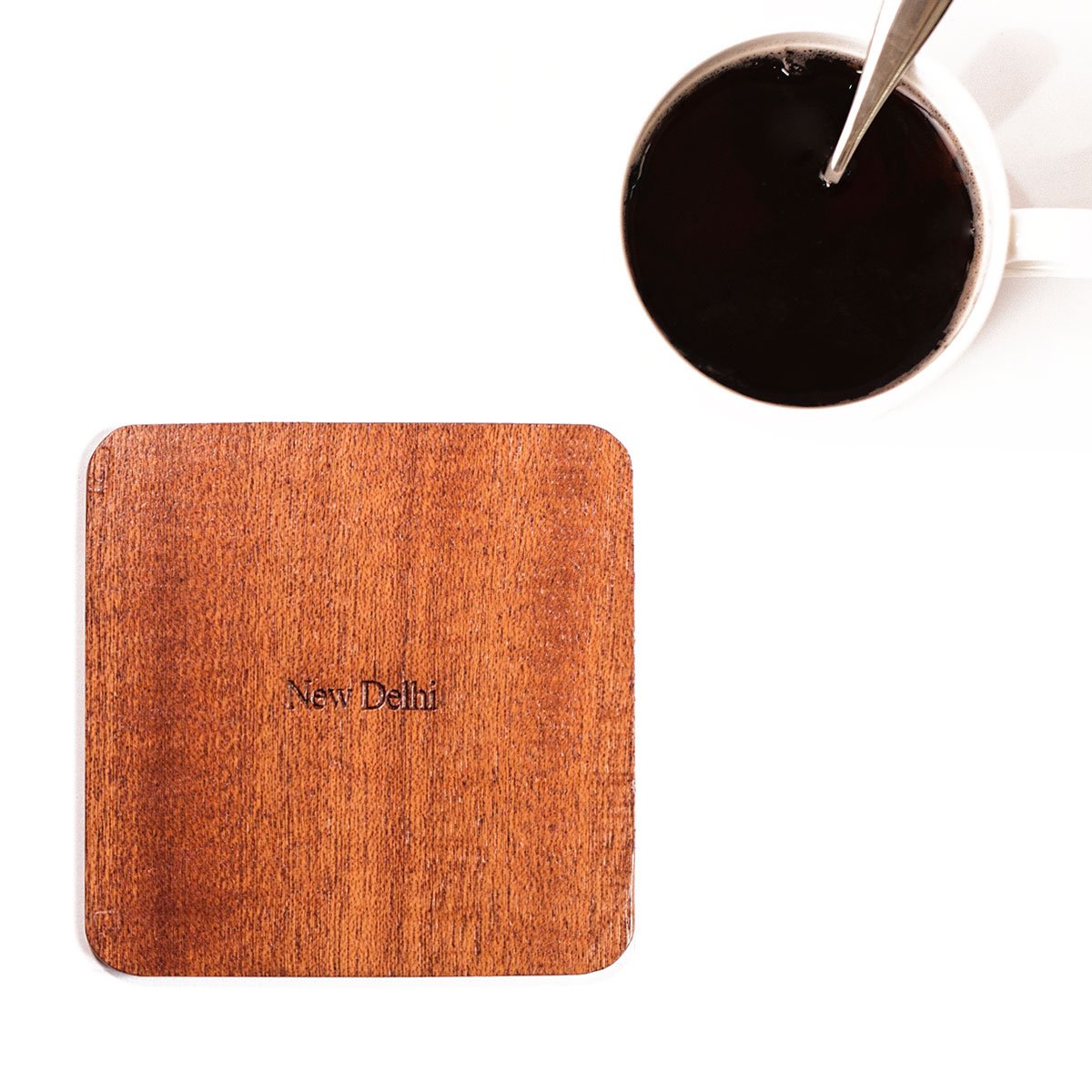 New Delhi Map Coaster by O3 Design Studio, Set Of 4, Sapele Wooden Coaster With City Map, Handmade