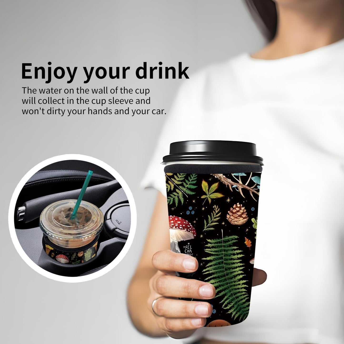 DAORJWL 3 Pack Reusable Insulated Neoprene Sleeve for Iced & Hot Drinks, Cute Durable Iced Coffee Cup Sleeve, Beverage Holder for Iced Coffee Luxuious Mushroom