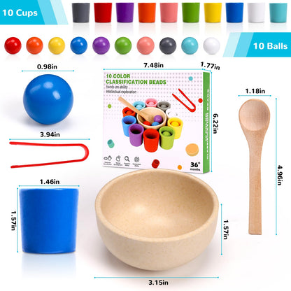 ASFHJP 10 PCS Rainbow Balls in Cups, Mini Wood Classification Cup Game, Rainbow Sorting Balls with Spoon and Tongs, Preschool Learning Educational Montessori Matching Games for 3+ Year Old