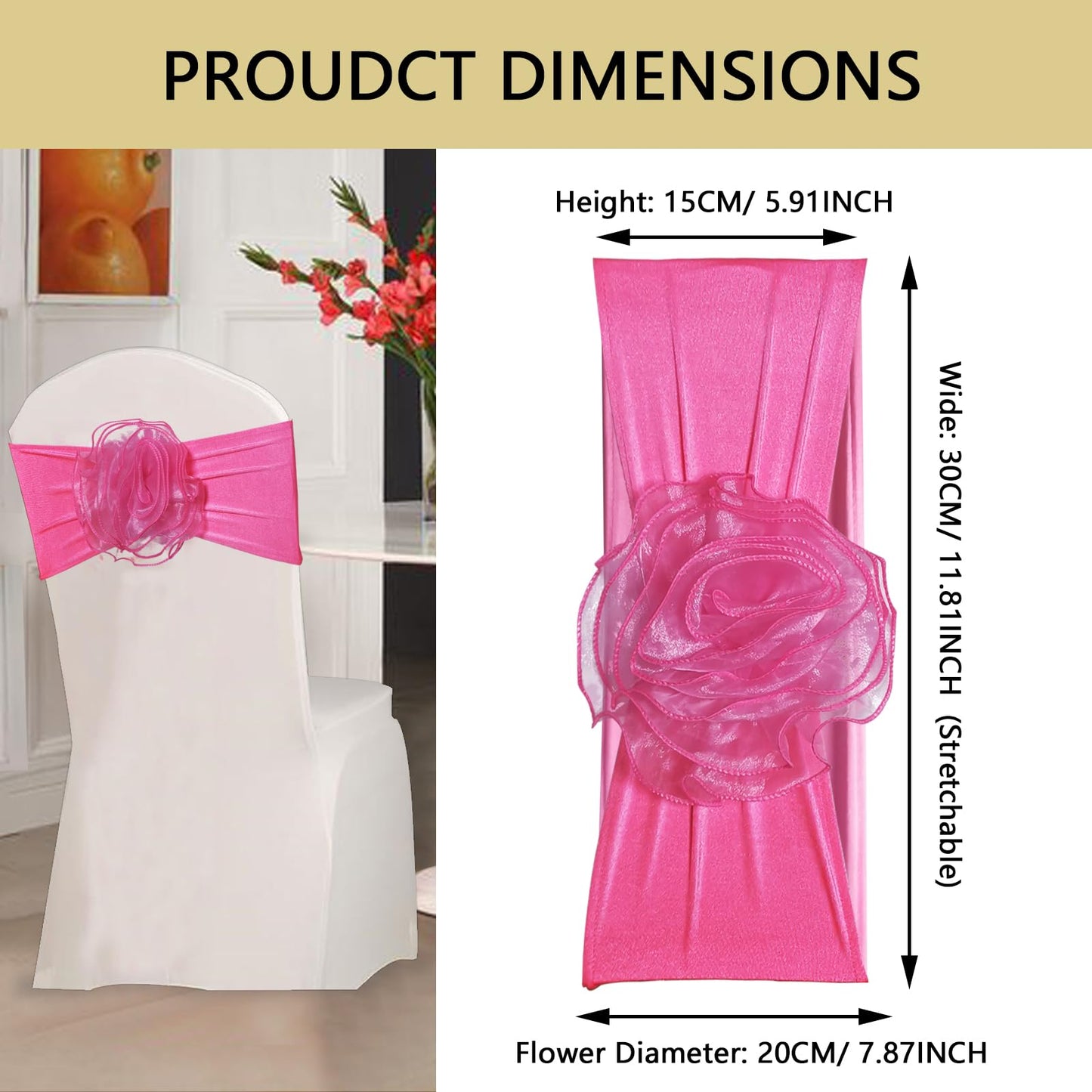 SFN 2 PCS Pink Flower Chair Sashes Chair Spandex Bands Bows tie for Thanksgiving Christmas Wedding Banquet Birthday Party Events Hotel Decoration