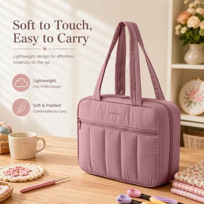 AMOIGEE Sewing Supplies Organizer Bag, Large Craft Storage Tote with 17 Clear Pockets&Tool Holders, Portable Crochet Knitting Embroidery Organizer Case for Threads, Hooks, Needles & Sewing Accessories