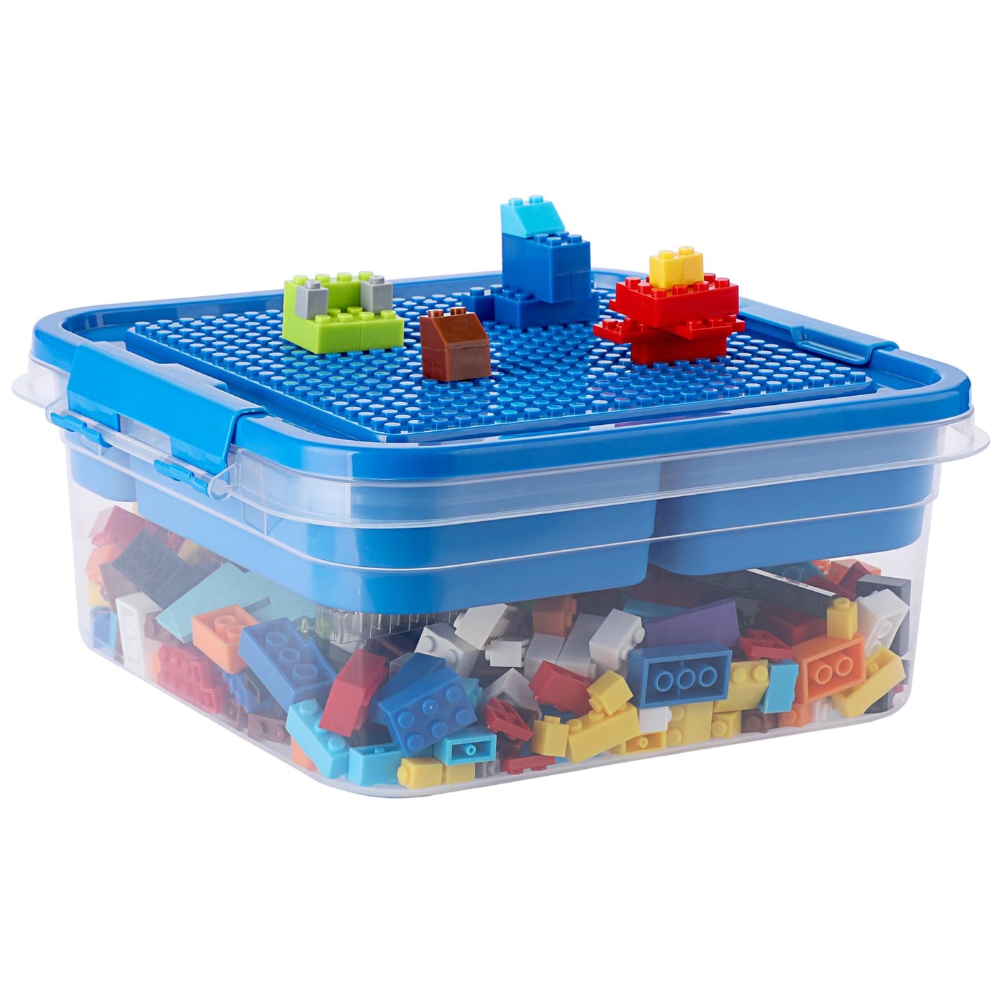 OGANAZI Plastic Storage Container with Bricks Baseplate Lid for Building Blocks, Bricks Building Set Organization Bin with Compartments Tray, Stackable Storage Box Building Block Chest Case (Blue)
