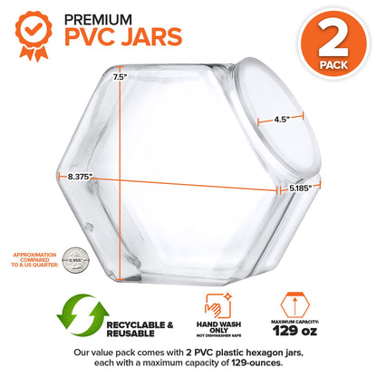 129 Oz Hexagon Cookie Jars with Lids ( 2 Pack) Wide Mouth Plastic Jars with Lid Reusable & Recyclable Shatterproof Jars Clear Plastic Jars for Cookies, Candy, Laundry Detergent Pods Stock Your