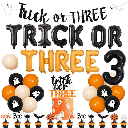 Trick or Three Theme Halloween 3rd Birthday Party Decorations Number 3 Trick or Three Foil Balloons Banner Garland Orange Black Cake and Cupcake Toppers for Halloween 3rd Birthday Party Decor Supplies