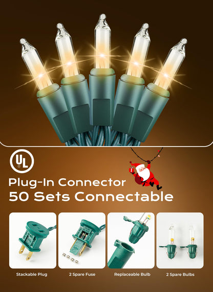 Minetom LED Christmas String Lights, 100 Count, 33 ft, Clear Warm White, Indoor/Outdoor Holiday Decorations