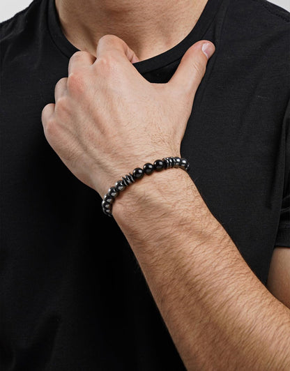 Landorilo Gifts for Men, 8mm Natural Stone Beaded Bracelets, Hematite & Tourmaline Healing Bracelet, Handmade Mens Jewelry Gift for Him, Husband, Son, Father, Friend(Happy Birthday-7.5in)