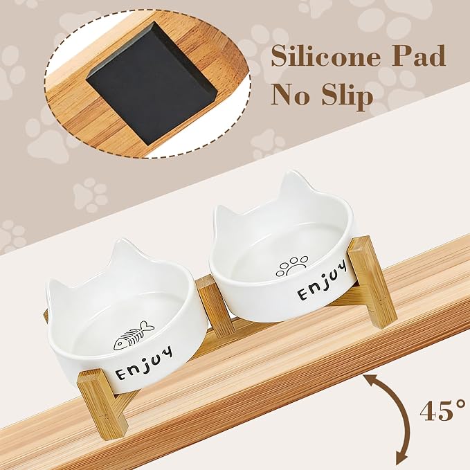 Ceramic Dog and Cat Bowl Set with Wooden Stand Slip Matte Glaze Heavy Weighted Food & Water Dish-White Cat Ear-6.76 OZ