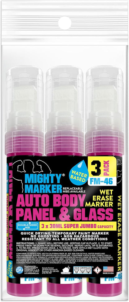 FM-46 Auto Body and Glass Super Jumbo Paint Marker, No-Ghost Formula, Water-Resistant, Valve Action, Removable, Water-Based, 30ml Capacity, Made in USA, FL. Pink 3 Pack