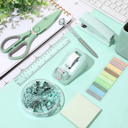 Marspark 12 Pcs Sage Green Office Supplies Desk Accessories Set Pen Holder Tape Dispenser Stapler Staple Remover Staples Tape Ruler Scissor Pen Sticky Note Index Tab Clips Set for Office School Home