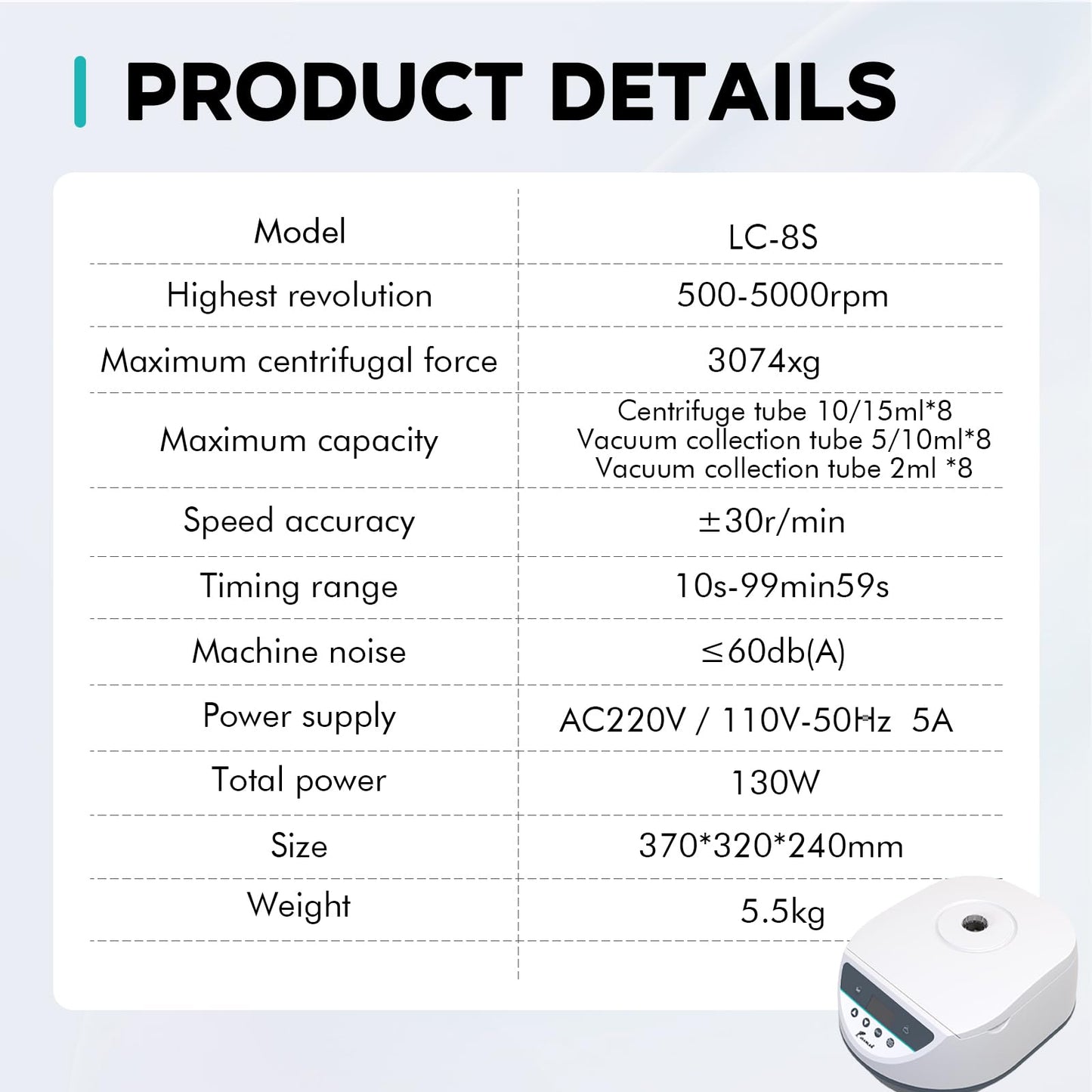LAB FISH Lab Benchtop Centrifuge Machine 8 x 2ml/5ml/10ml/15ml Capacity Test Tubes,Low Speed 500-5000r/min,Max 3074xg RCF