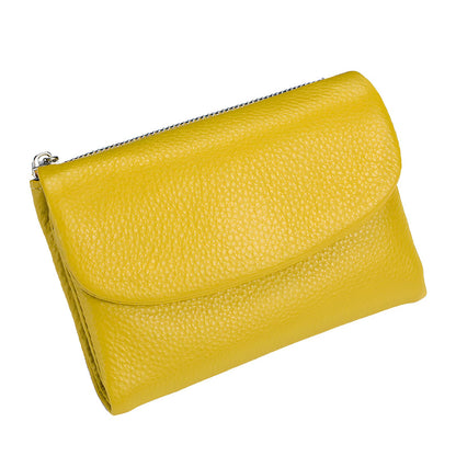 Unisex Pebble Leather Wallet, 5.3In Short Genuine Leather Coin Card Holder, Two zippered pockets, Unisex Clutch Bags, Can Hold Coins, Cards, Id Cards (Yellow)
