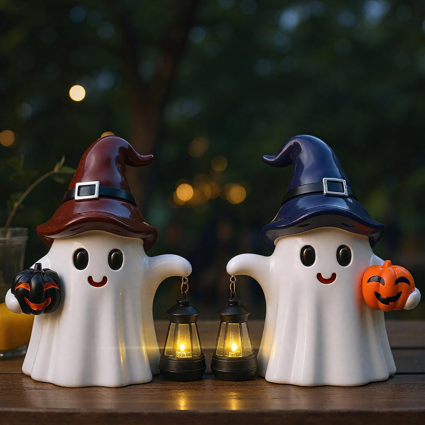 Suzile 2 Pack Halloween Outdoor Decoration 9.5 Inch Spooky Ghost Statues with Solar Lantern Light Pumpkin for Garden Halloween Figurine Cute Resin Ghost for Lawn Patio Party Indoor Home Decor Gift