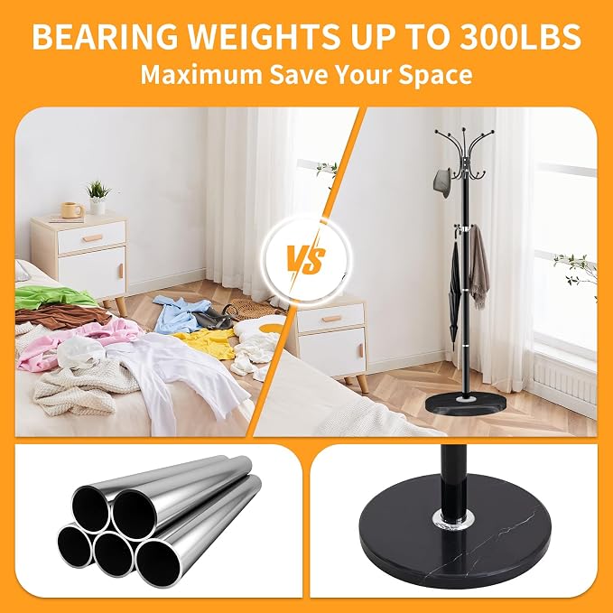 ZOZOE Metal Coat Rack Stand, Modern Coat Rack Freestanding with Natural Marble Base, 360° Rotary Design Coat Racks with 14 Hooks, Black Coat Tree Hanger Stand for Bags, Hats, Entryway, Office
