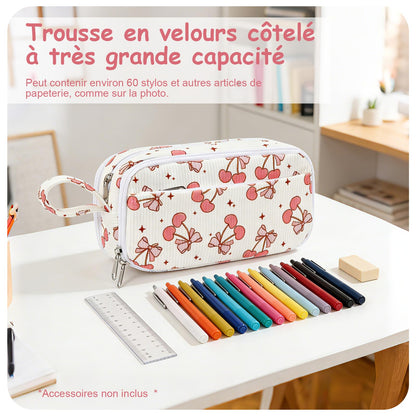 BuyCard Large Capacity Pencil Case, White With Pink Cherry Pattern, Corduroy Pencil Bag with Zipper Closure, Graduation Gift Office Stationery Storage Pen Pouch for Classroom Teacher